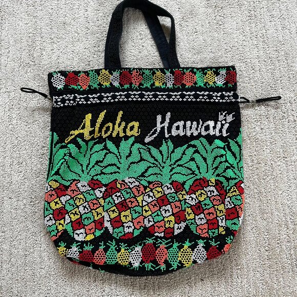 Vintage Beaded Aloha Hawaii Drawstring Tote Bag Pineapple Design Beach Theme - Picture 2 of 7